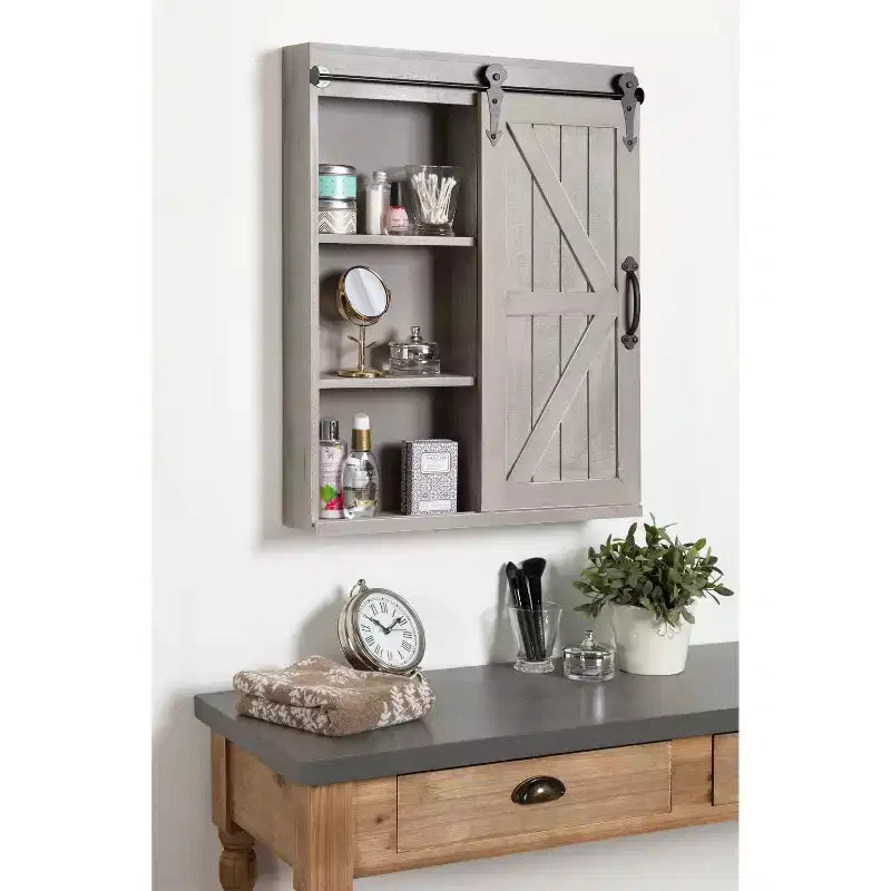 Decorative Wood Wall Storage Cabinet with Vanity Mirror Rustic Gray - Kate & Laurel All Things Decor: 3-Tier Floating Shelf, No Assembly Required