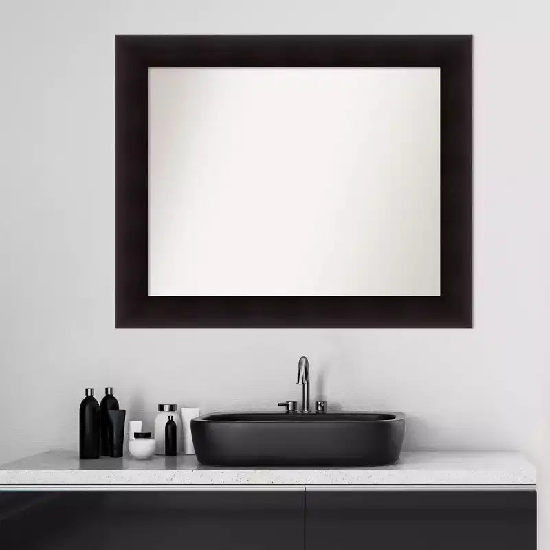 34" x 28" Non-Beveled Portico Espresso Wood Bathroom Wall Mirror - Amanti Art: Modern Rectangle, Wall Mount