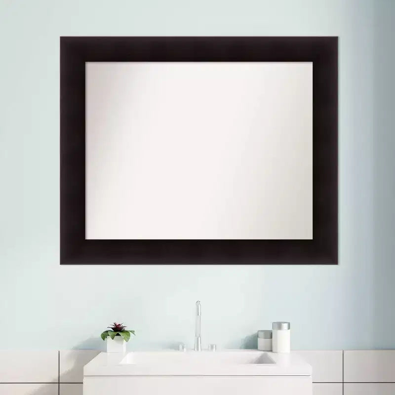 34" x 28" Non-Beveled Portico Espresso Wood Bathroom Wall Mirror - Amanti Art: Modern Rectangle, Wall Mount