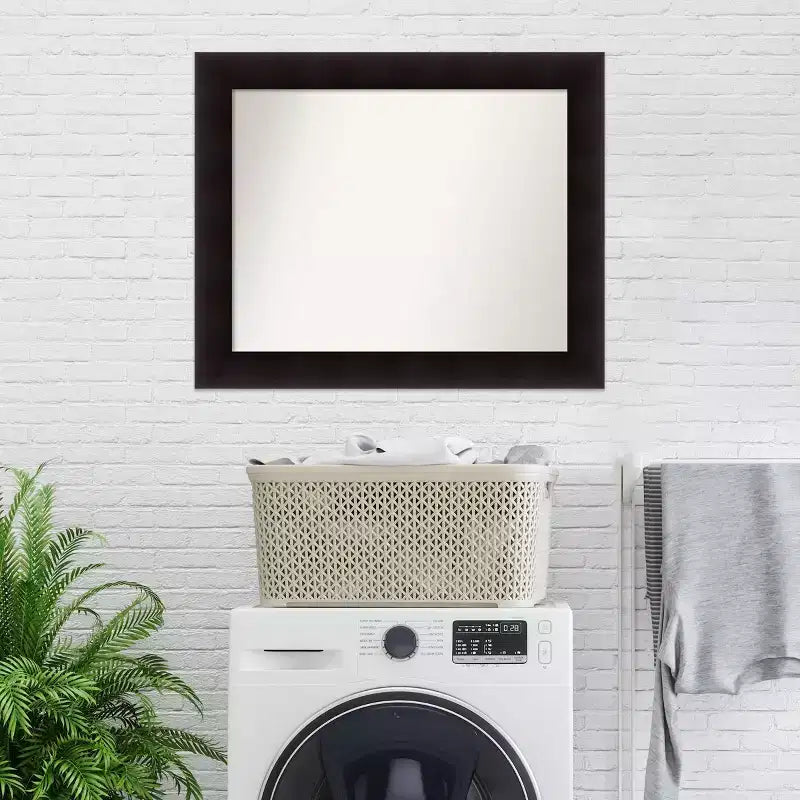 34" x 28" Non-Beveled Portico Espresso Wood Bathroom Wall Mirror - Amanti Art: Modern Rectangle, Wall Mount