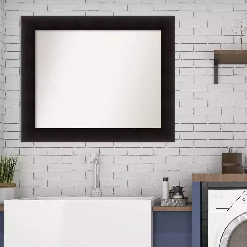 34" x 28" Non-Beveled Portico Espresso Wood Bathroom Wall Mirror - Amanti Art: Modern Rectangle, Wall Mount