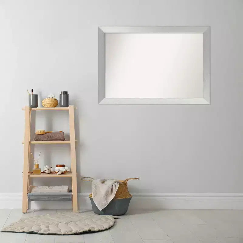 40" x 28" Non-Beveled Wood Bathroom Wall Mirror Brushed Sterling Silver - Amanti Art: Modern, Rectangle, Wall Mount