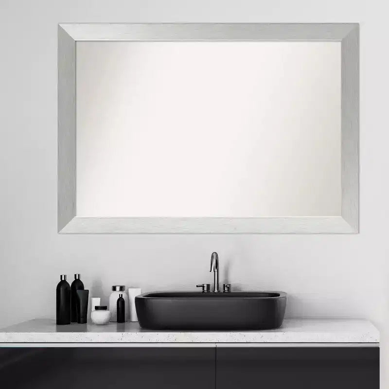 40" x 28" Non-Beveled Wood Bathroom Wall Mirror Brushed Sterling Silver - Amanti Art: Modern, Rectangle, Wall Mount