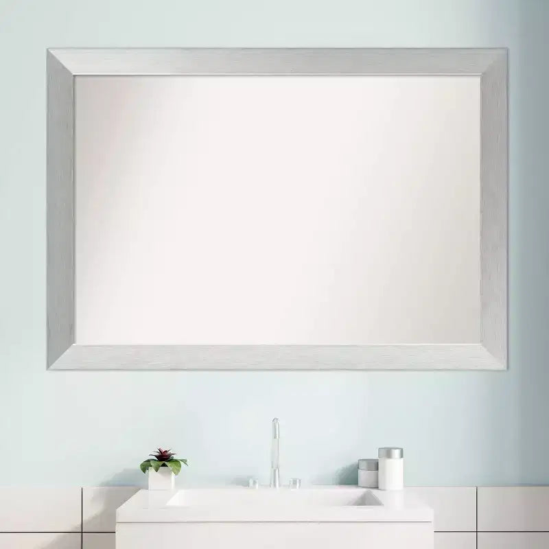 40" x 28" Non-Beveled Wood Bathroom Wall Mirror Brushed Sterling Silver - Amanti Art: Modern, Rectangle, Wall Mount
