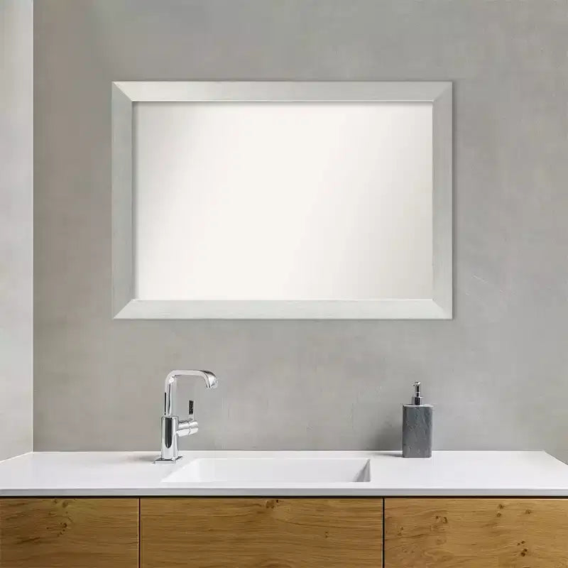 40" x 28" Non-Beveled Wood Bathroom Wall Mirror Brushed Sterling Silver - Amanti Art: Modern, Rectangle, Wall Mount