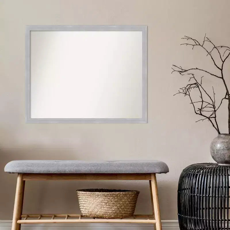 Miroir mural étroit en nickel brossé non biseauté de 30 x 24 po, rectangulaire moderne, cadre en polystyrène