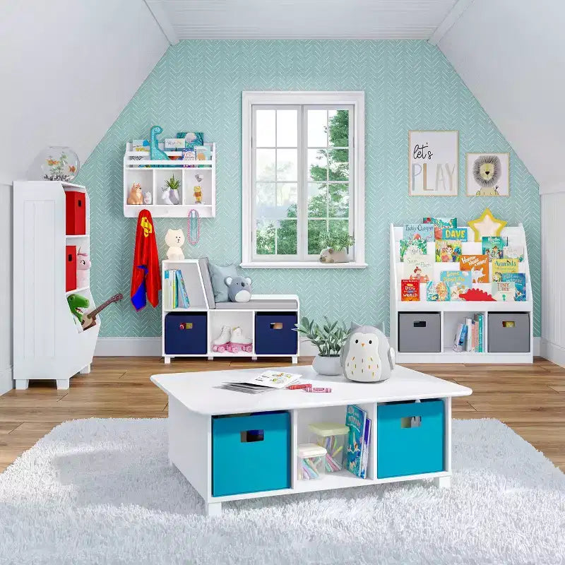 RiverRidge Kids' 23" Playroom Bookshelf with Veggie Bin Organizer and 2 Open Toy Storage Shelves White: Small Bookshelf for Kids, MDF, White