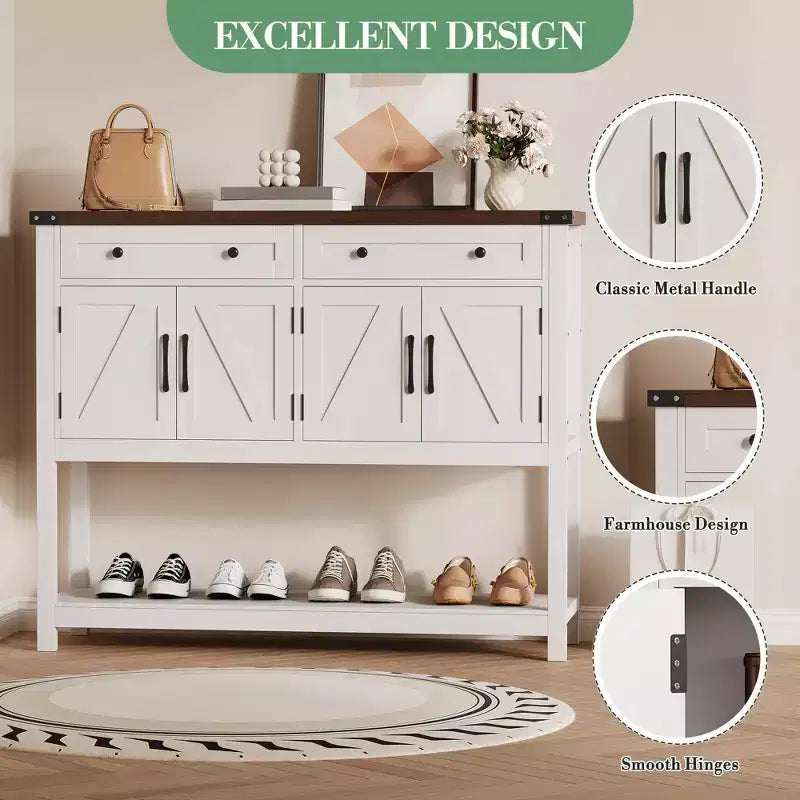 Grand buffet de 120 cm, vaisselier de bar à café style rustique, meuble de rangement, table console en bois avec 2 tiroirs pour cuisine et salon