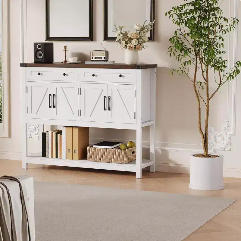Grand buffet de 120 cm, vaisselier de bar à café style rustique, meuble de rangement, table console en bois avec 2 tiroirs pour cuisine et salon