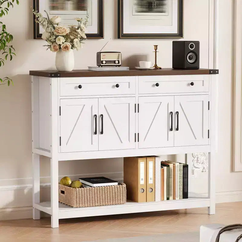 Grand buffet de 120 cm, vaisselier de bar à café style rustique, meuble de rangement, table console en bois avec 2 tiroirs pour cuisine et salon