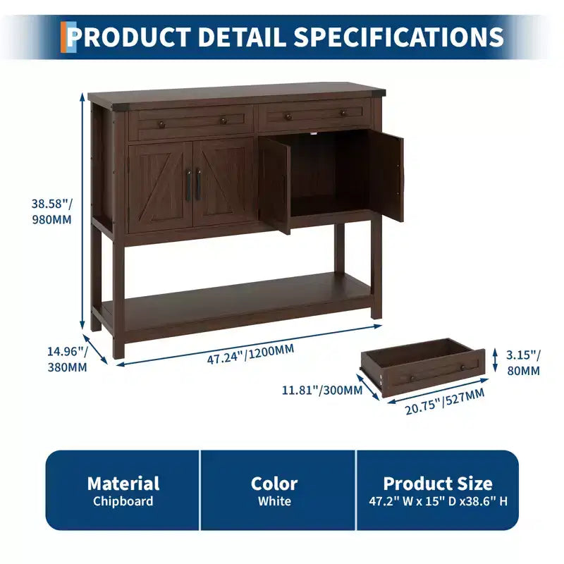 Grand buffet de 120 cm, vaisselier de bar à café style rustique, meuble de rangement, table console en bois avec 2 tiroirs pour cuisine et salon