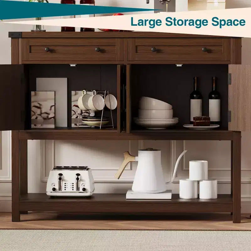 Grand buffet de 120 cm, vaisselier de bar à café style rustique, meuble de rangement, table console en bois avec 2 tiroirs pour cuisine et salon