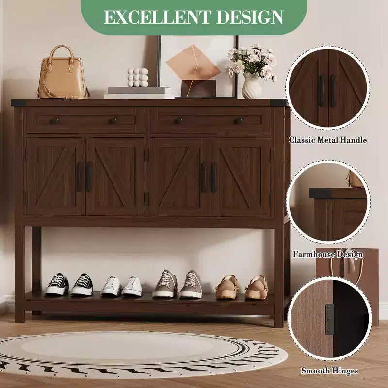 Grand buffet de 120 cm, vaisselier de bar à café style rustique, meuble de rangement, table console en bois avec 2 tiroirs pour cuisine et salon