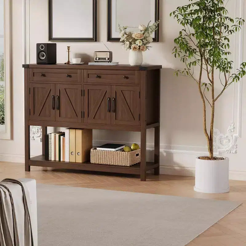 Grand buffet de 120 cm, vaisselier de bar à café style rustique, meuble de rangement, table console en bois avec 2 tiroirs pour cuisine et salon