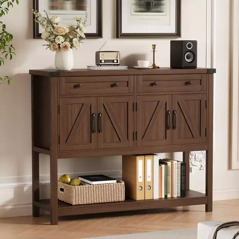 Grand buffet de 120 cm, vaisselier de bar à café style rustique, meuble de rangement, table console en bois avec 2 tiroirs pour cuisine et salon