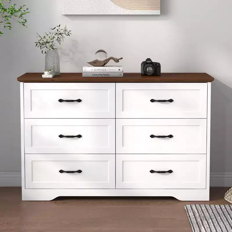 Farmhouse Wooden Chest of Drawers  Tall Dresser with Wide Metal Handles, Storage for Bedroom & Living Room