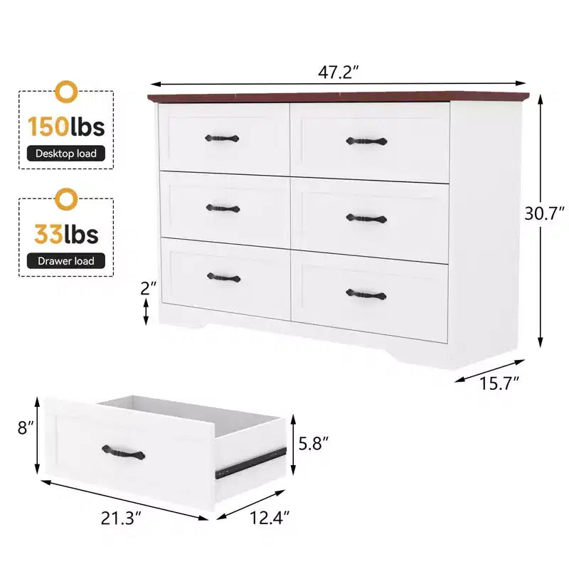 Commode en bois de style Ferme, grande commode haute avec larges poignées métalliques, rangement pour chambre et salon