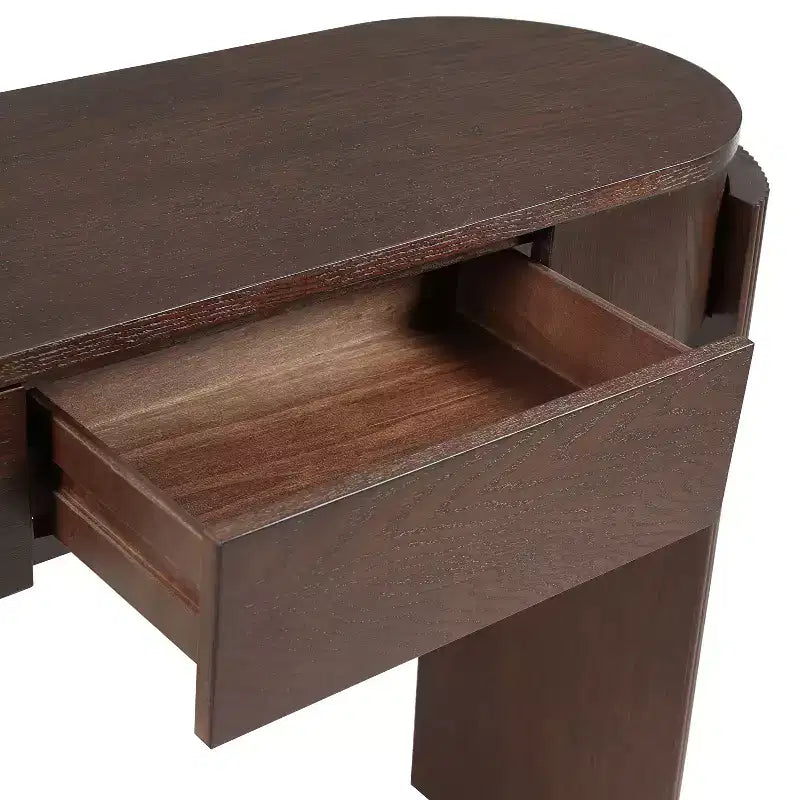 Console moderne à plateau ovale avec pieds cannelés incurvés et deux tiroirs cachés