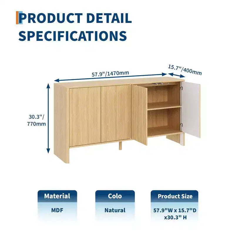 Buffet de salle à manger moderne de 147 cm avec 4 portes cannelées et étagères réglables, meuble console TV ou bar à café