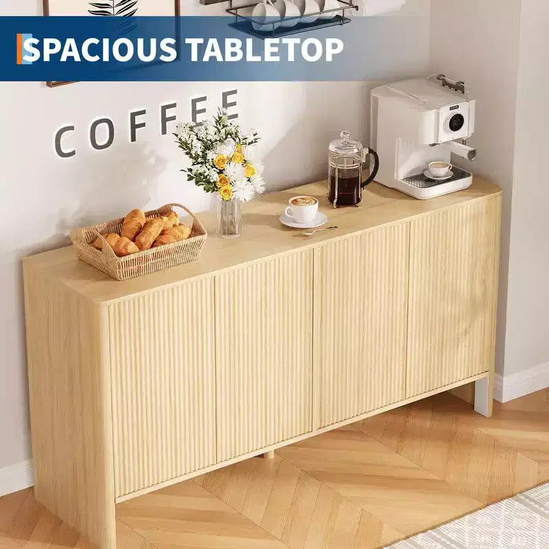 Buffet de salle à manger moderne de 147 cm avec 4 portes cannelées et étagères réglables, meuble console TV ou bar à café