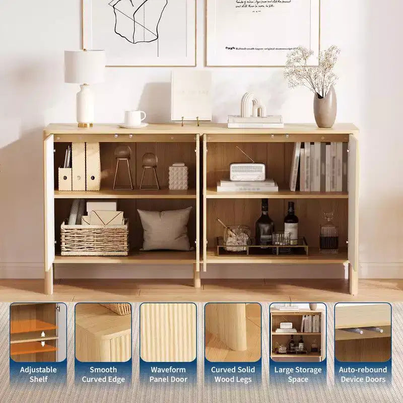 Buffet de salle à manger moderne de 147 cm avec 4 portes cannelées et étagères réglables, meuble console TV ou bar à café