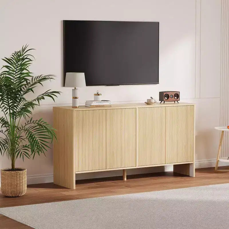 Buffet de salle à manger moderne de 147 cm avec 4 portes cannelées et étagères réglables, meuble console TV ou bar à café