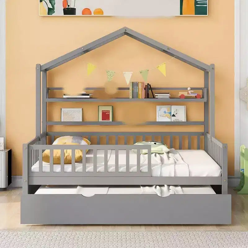 Acekool Full Size House Bed Frame for Kids with Storage Drawers, Safety Rails, Roof Design, Playhouse Bed, White