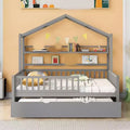 Acekool Full Size House Bed Frame for Kids with Storage Drawers, Safety Rails, Roof Design, Playhouse Bed, White