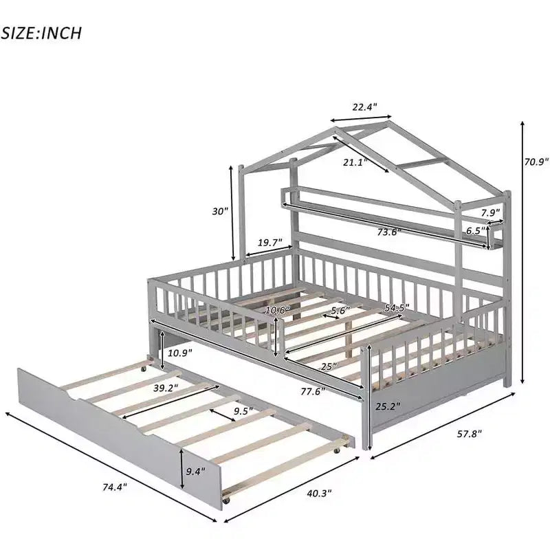 Cadre de lit cabane pour enfants avec tiroirs de rangement, barrières de sécurité, design de toit, lit ludique, blanc