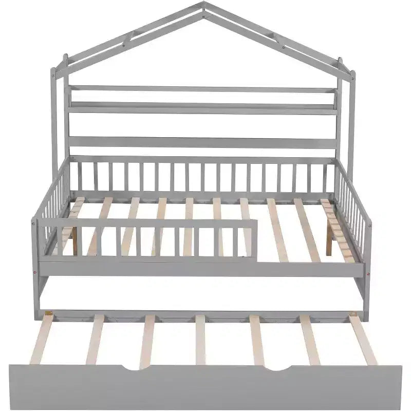 Cadre de lit cabane pour enfants avec tiroirs de rangement, barrières de sécurité, design de toit, lit ludique, blanc