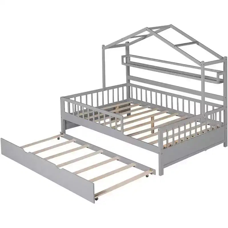 Cadre de lit cabane pour enfants avec tiroirs de rangement, barrières de sécurité, design de toit, lit ludique, blanc