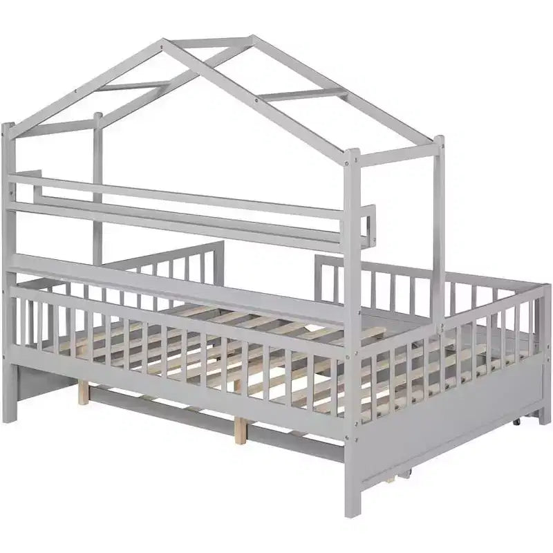 Cadre de lit cabane pour enfants avec tiroirs de rangement, barrières de sécurité, design de toit, lit ludique, blanc