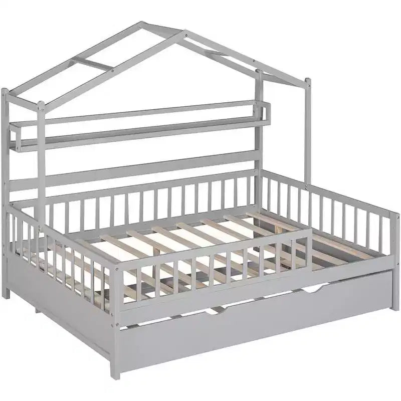 Cadre de lit cabane pour enfants avec tiroirs de rangement, barrières de sécurité, design de toit, lit ludique, blanc