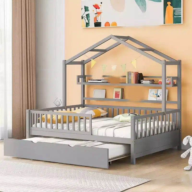 Cadre de lit cabane pour enfants avec tiroirs de rangement, barrières de sécurité, design de toit, lit ludique, blanc