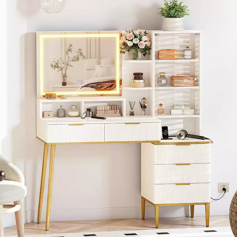GustoWave Fluted Vanity Desk with Mirror and Lights, Makeup Vanity Desk with 5 Drawers,3 Color Adjustable Lighting, Power Outlet, Dressing Table