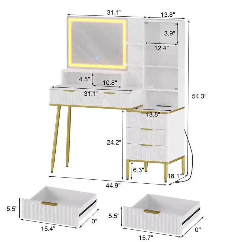 Coiffeuse cannelée avec miroir et lumières, Coiffeuse de maquillage avec 5 tiroirs, Éclairage réglable en 3 couleurs, Prise de courant, Table de dressing