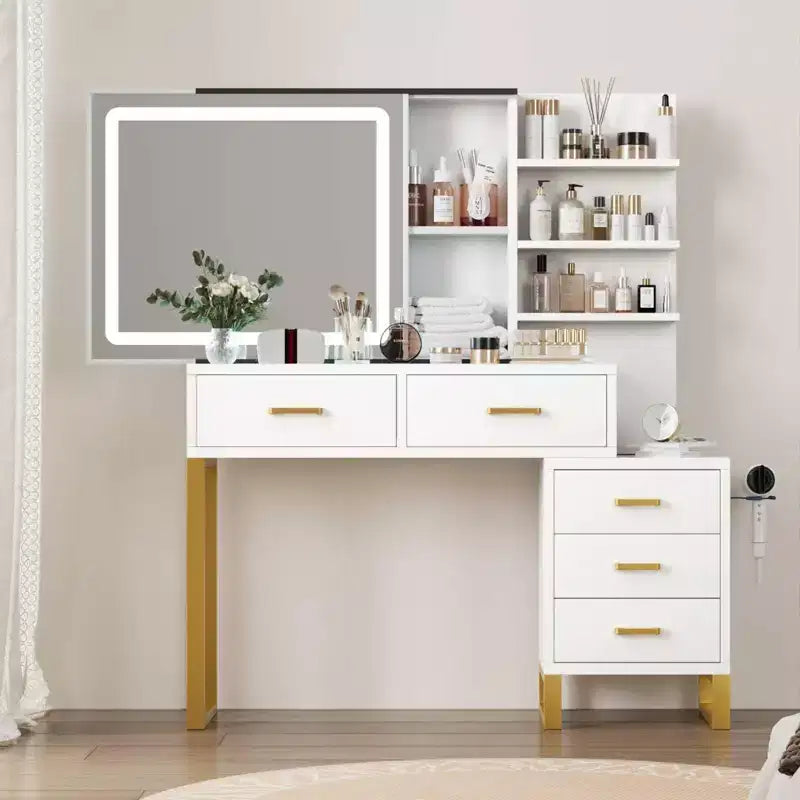 GustoWave Vanity Desk with Mirror, Makeup Vanity Desk Charging Station,LED Light with 3 Lighting Modes, 5 Large Drawers and 3 Tiers of Open Shelves