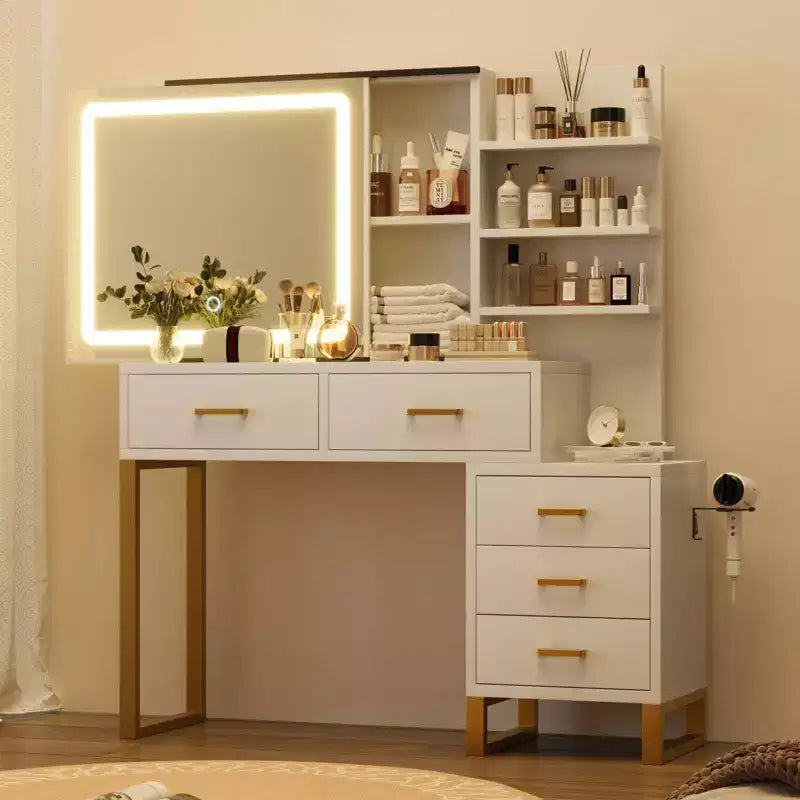 Coiffeuse avec miroir, station de charge, lumières LED à 3 modes d'éclairage, 5 grands tiroirs et 3 étagères ouvertes