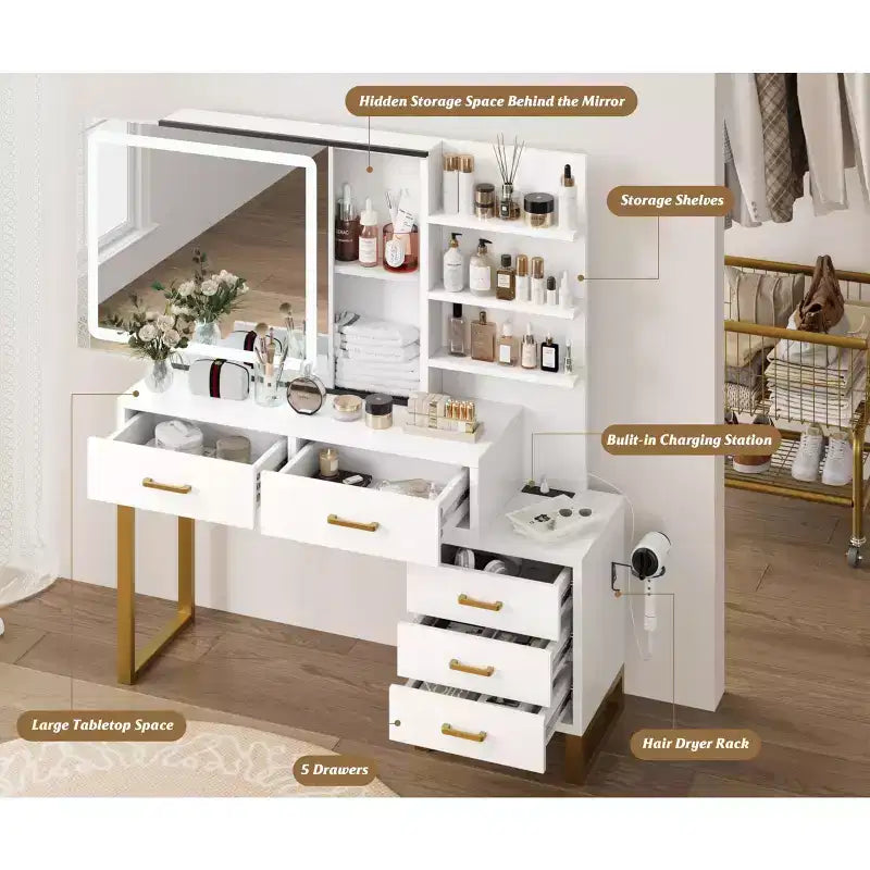 Coiffeuse avec miroir, station de charge, lumières LED à 3 modes d'éclairage, 5 grands tiroirs et 3 étagères ouvertes