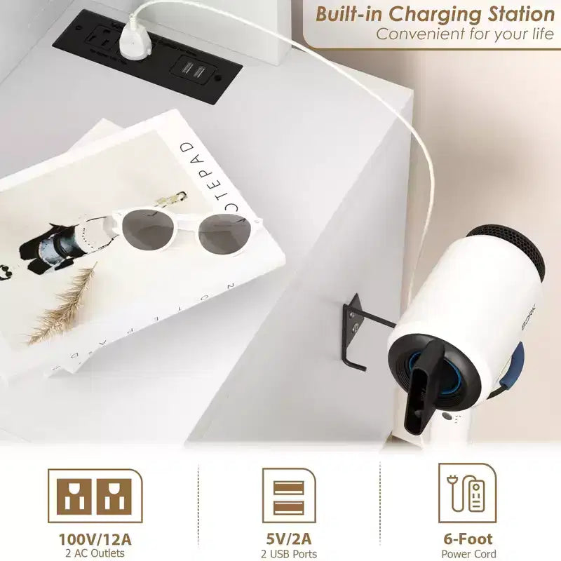 Coiffeuse avec miroir, station de charge, lumières LED à 3 modes d'éclairage, 5 grands tiroirs et 3 étagères ouvertes