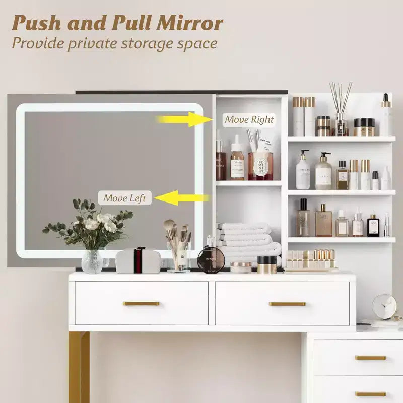 Coiffeuse avec miroir, station de charge, lumières LED à 3 modes d'éclairage, 5 grands tiroirs et 3 étagères ouvertes