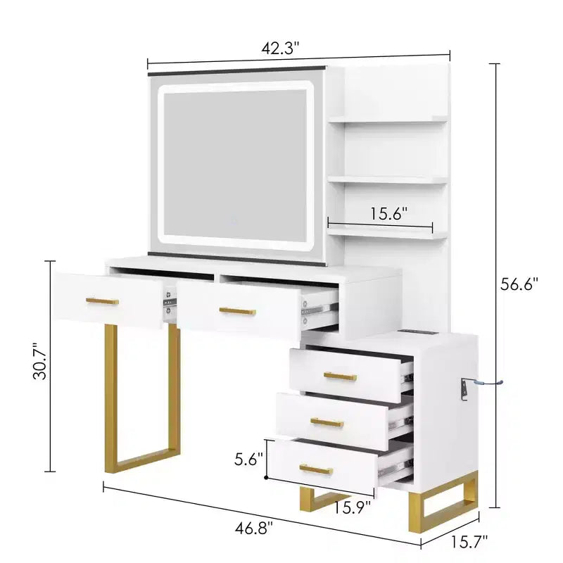 Coiffeuse avec miroir, station de charge, lumières LED à 3 modes d'éclairage, 5 grands tiroirs et 3 étagères ouvertes