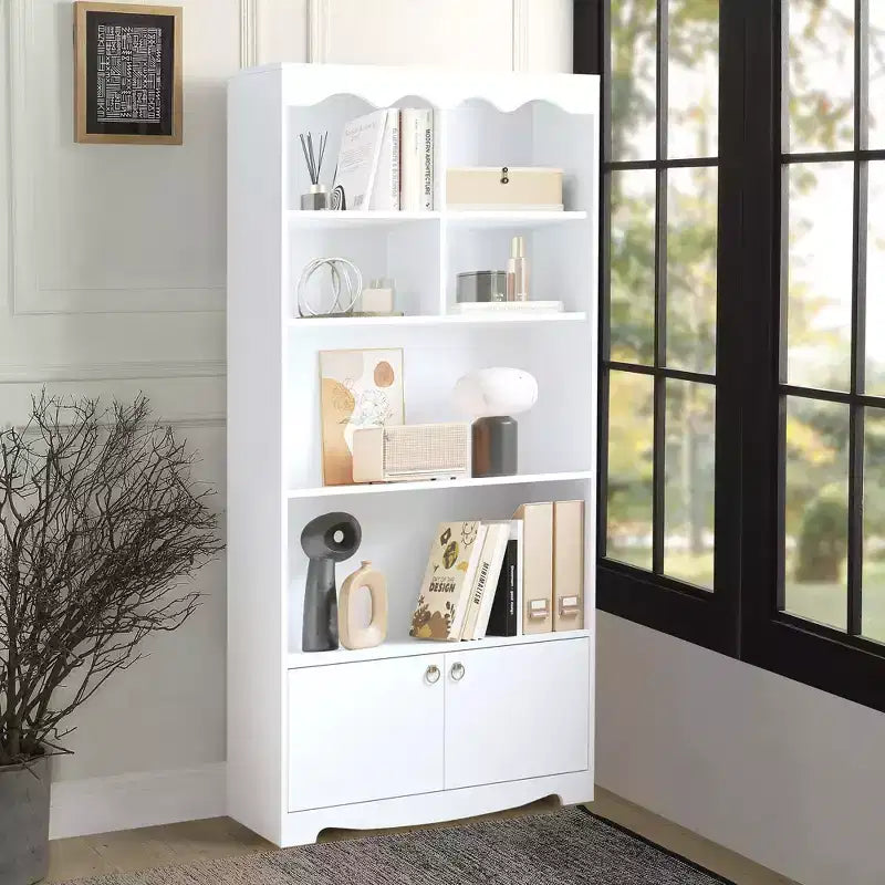 Bibliothèque à 5 niveaux avec armoire, Étagère autoportante de 160 cm de haut, Bibliothèque moderne en bois, Étagère de rangement à affichage ouvert, Blanche