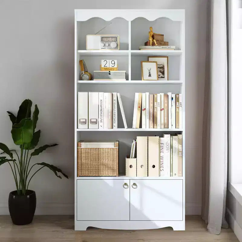 Bibliothèque à 5 niveaux avec armoire, Étagère autoportante de 160 cm de haut, Bibliothèque moderne en bois, Étagère de rangement à affichage ouvert, Blanche