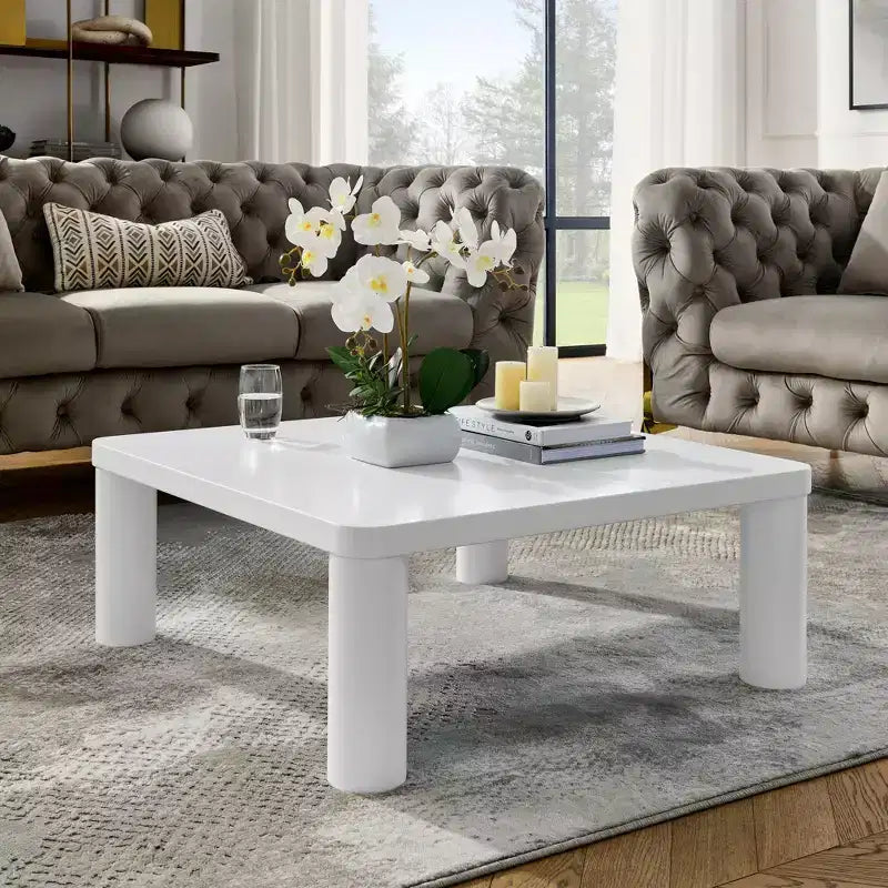 Table basse carrée moderne avec coins arrondis, Table basse en MDF crème, Table basse de salon facile à assembler, Table de canapé robuste pour la maison