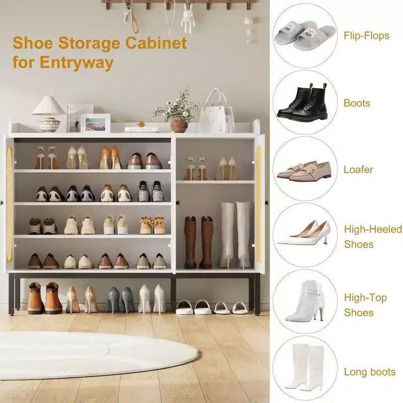 Meuble à chaussures avec 3 portes en rotin, organisateur de rangement à chaussures sur pied à 7 niveaux avec étagères réglables pour entrée, couloir, salon