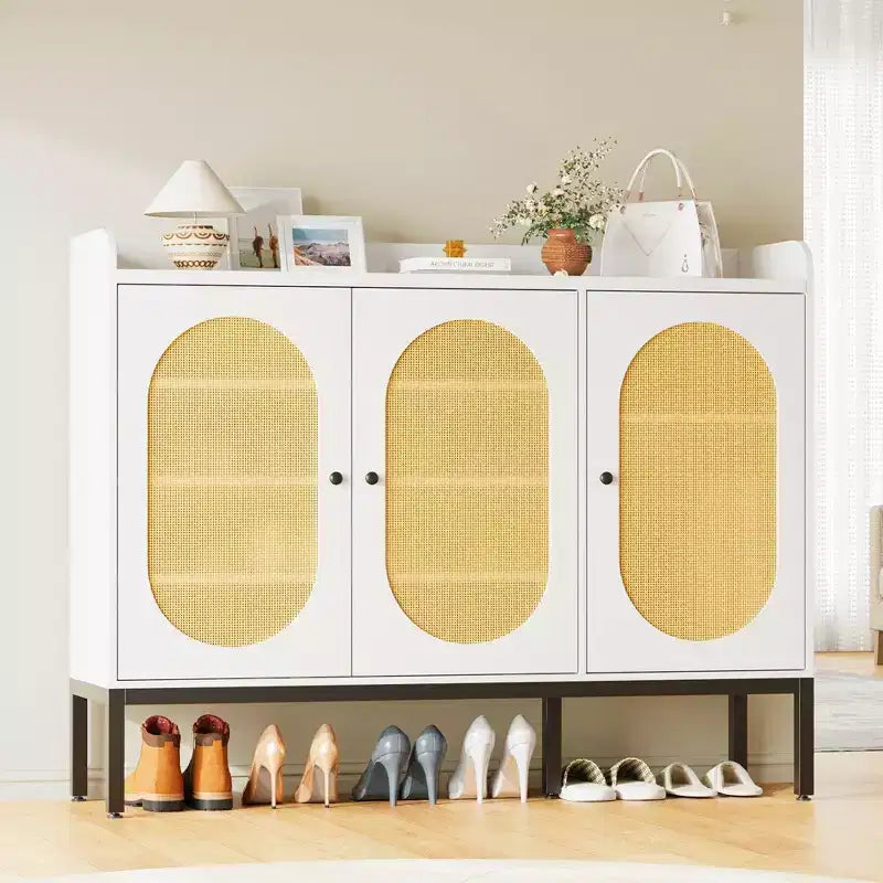 Meuble à chaussures avec 3 portes en rotin, organisateur de rangement à chaussures sur pied à 7 niveaux avec étagères réglables pour entrée, couloir, salon
