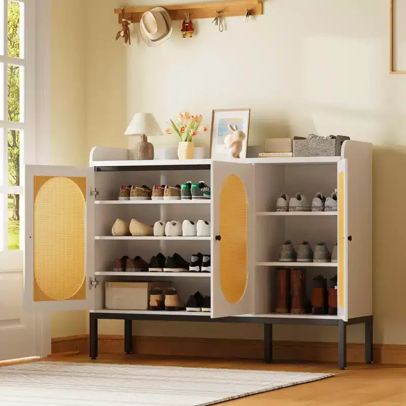 Meuble à chaussures avec 3 portes en rotin, organisateur de rangement à chaussures sur pied à 7 niveaux avec étagères réglables pour entrée, couloir, salon