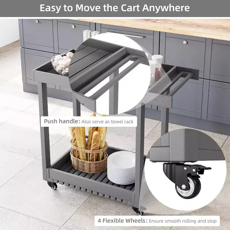 Chariot de service utilitaire à roulettes et étagères à rebords, Chariot de préparation d'extérieur à 2 étagères pour la maison, le bureau, le barbecue de terrasse, le barbecue de jardin, capacité de 227 kg
