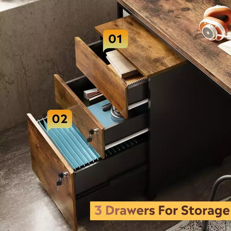 Meuble de classement roulant à 3 tiroirs avec serrure, classeur en bois sous le bureau pour bureau à domicile, adapté aux formats lettre/légal/A4